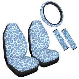 Semiouray Cute Blue Leopard Print Universal Car Seat Covers of 5 Pcs Set Cartoon Animal Skin Steering Wheel Cover Front Seat Cover Universal Automotive Interior Covers