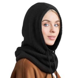 Hooded Scarf Hat Knit Balaclava Women Beanie Skull Cap with Drawstring Warm Winter Hats for Women Men Outdoor Sports