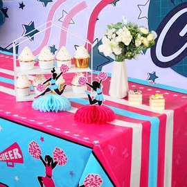 JOYMEMO 3 Pack Cheerleading Party Tablecloths Hot Pink Blue - Cheerleading Tablecover Birthday Decorations, Cheerleader Girls Her Gymnastics Supplies for Indoor or Outdoor Parties