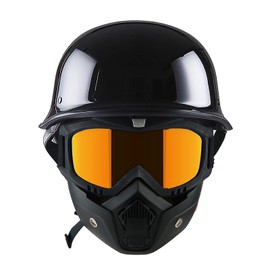 1Storm Novelty Motorcycle Half Face Helmet German Style DOT Approved: HKY602 Glossy Black + Black Golden Goggle Bundle