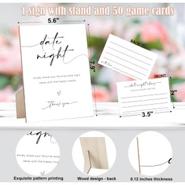 Date Night Ideas Sign, Bridal Shower Signs Date Night Game for The Newlyweds, Bridal Shower Decorations for Wedding Reception and Bridal Shower, White Simple Style Wood Sign & 50 Date Night Cards,5