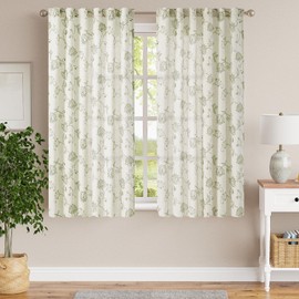 jinchan Linen Curtains Floral Curtains 63 Inch Length for Living Room Bedroom Light Filtering Rod Pocket Back Tab Jacobean Curtains Flax Linen Texture Window Drapes Set 2 Panels Green on Linen