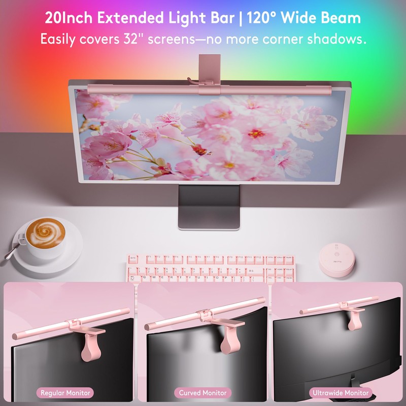 Quntis 20" Pink RGB Monitor Light Bar, 15 Gaming Backlight