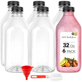 32 Oz Juice Bottles with Caps (6 Pack) - Reusable Clear Plastic Drink Containers for Mini Fridge - Water Bottles Bulk - Includes Labels, Brush & Funnel