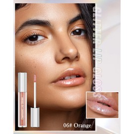 Glitter Lip Gloss Long Lasting, Orange Plumping Shimmer Lipgloss for Women, Waterproof Diamond Chameleon Liquid Lipstick, Metallic Highly Pigment Holographic Lipstick, Ideal Lip Makeup Gift-06