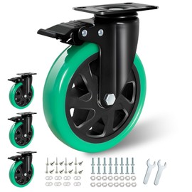 6 Inch Caster Wheels, Casters Set of 4 Heavy Duty, BZOLIHEU Locking Casters, Silent Top Plate Swivel Casters with Brake, Polyurethane Green Castor Wheels for Furniture and Workbench Cart