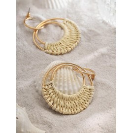 MINACHI Bohemian White Raffia Tassel Dangle Drop Hoop Earrings, Boho Hippie Summer Beach Jewelry Gift for Women
