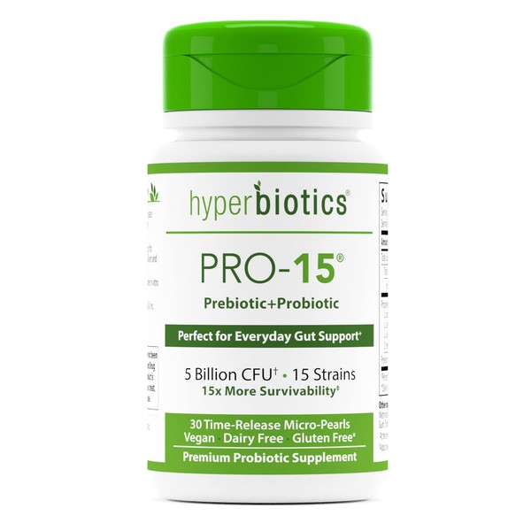 Hyperbiotics Pro 15 Vegan Probiotic | Time Release Pearls | 15 Diverse Strains | Probiotics for Women and Men | Digestive and Immune Support | Dairy & Gluten Free | 30 Count