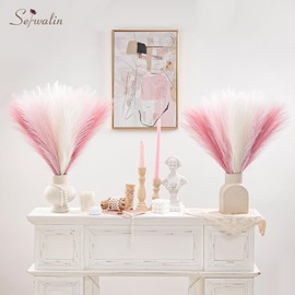 Serwalin Serwalin Pampas Grass Pink Decor 17.7 Inch 6pcs, Faux Pampas Grass Home Decor, Artificial Pampas Grass Blush Fake Pampas, Short Vase Room