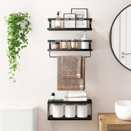 Fixwal 3+1 Tier Wall Mounted Bathroom Shelves Over Toilet, Rustic Wood Floating Shelves with Metal Frame and Towel Bar for Bathroom, Kitchen, Bedroom, Living Room (Black)