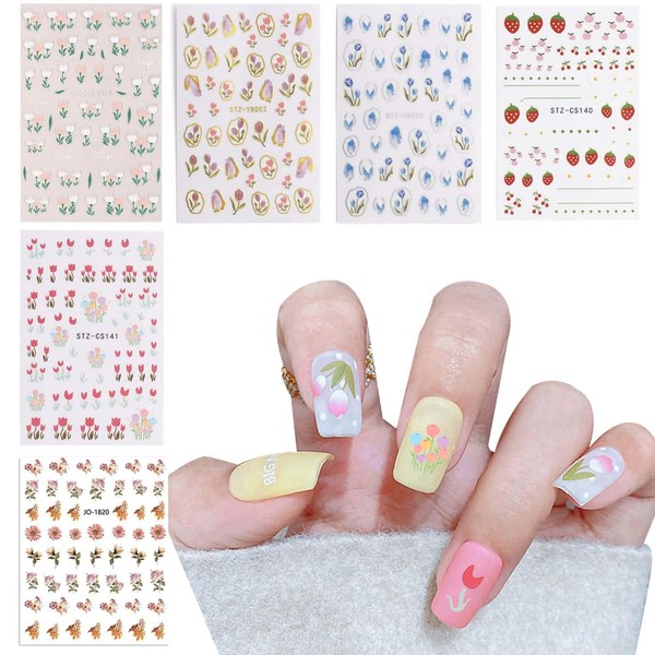 Nail Stickers Flower Foil Stamping Nail Stickers, 6 Pieces, Tulip Nail Stickers, 3D Nail Art, Cute Stickers, DIY Nails, Faces, Smartphone Cases, Handmade Items, Cards, Ideal for Beginners