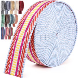 PECMER Webbing 1.5 Inch Orange-Gold Pink Stripes - 6 Yards Webbing Straps for Bags -Polycotton Jacquard Webbing Nylon Ribbon 1 1/2 Inch for Bag Purse Hanging Belt Tote Straps