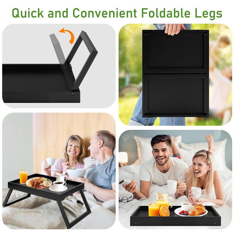 Kaukinye Bamboo Bed Tray Table with Foldable Legs, Breakfast Tray,
