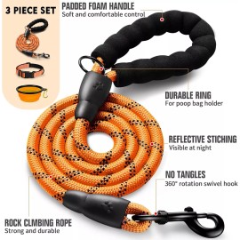 DOYOO Collar, 5 ft Rope Leash, Bowl, Orange 3 Piece Set XS Fits Neck 9.5-12" NEW