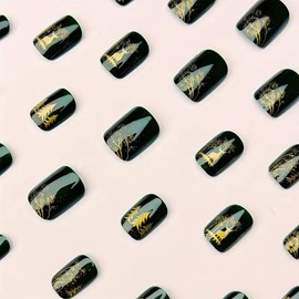 24Pcs Glossy Press on Nails Short Square Green Christmas Tree Elk Pattern Fake Nails with Glitter Designs Winter Snowflake Acrylic Nail for Women Christmas Party DIY Manicure Xmas Nails Decoration