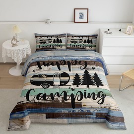 RV Camper Travelling Boys Girls Comforter Set Full Size,Happy Camping Duvet Set Teens Bedroom Decor,Farmhouse Brown Blue Wood Barn Microfiber Soft Bedding