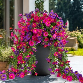 Lcuasc 2Pcs Outdoor Faux Hanging Flowers Artificial Morning Glory with Eucalyptus Leaves UV Resistant Look Real Fake Plants for Outside Planter Porch Patio Balcony Yard Decor (Purple & Fuchsia)