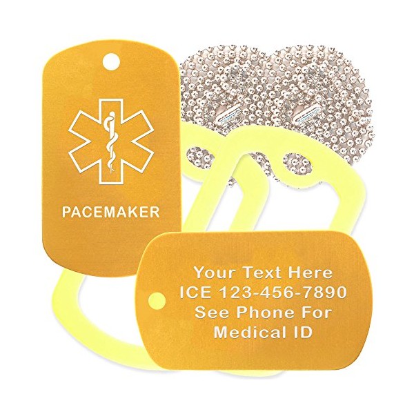 Custom 2 Pack - Pacemaker Medical Alert ID Necklaces with Gold Custom Tags, Yellow Silencers, and 30'' USA Chains