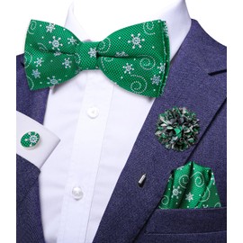Dubulle Mens Christmas Pre Tied Bow Ties and Lapel Pin Festival Pattern Handkerchief Cufflinks Bowties for Men,Green White