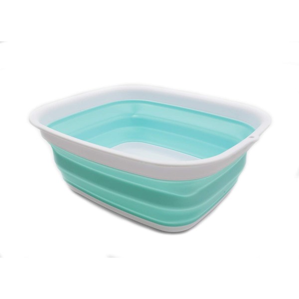SAMMART 9.45L (2.5 Gallon) Collapsible Tub - Foldable Dish Tub - Portable Washing Basin - Space Saving Plastic Washtub (White/Lake Green, M)