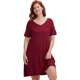 GYS Women's Bamboo Viscose Short Sleeve Nightgowns Soft Comfy V Neck Sleepshirts, Wine, Medium
