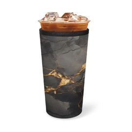 Reusable Iced Coffee Sleeve with Handle, Black Gold Marble Coffee Cup Sleeves for Cold Drinks, Neoprene Cup Sleeve Insulated Cooler, Cup Holder Prevents Condensation for Cars 24-28oz