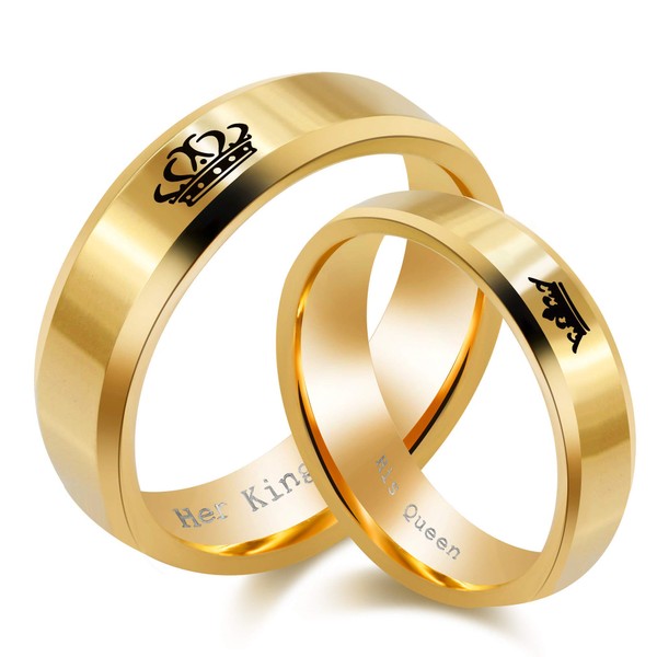 Gold Stainless Steel King Queen Ring for Couples, His and
