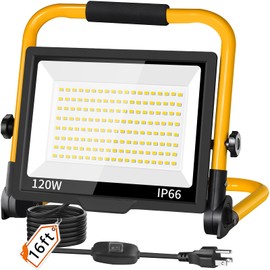 14400LM LED Work Light, 120W Flood Light with 16FT Cord & Switch, Portable Worklight with Stand, 5000K IP66 Waterproof Construction Lighting for Job Site Repairing Workshop Garage