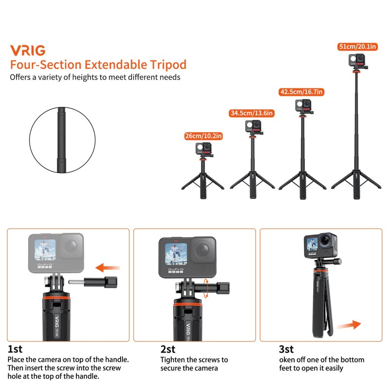 VRIG Extendable Selfie Stick Tripod for Insta360 X3 Accessory for