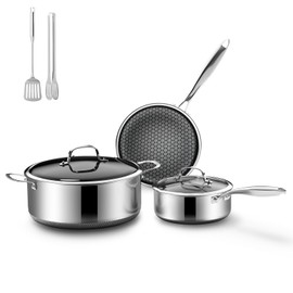 KURRUNGIE Stainless Steel Cookware Set,7 Pcs Hybrid Pots and Pans Set Non Stick, Kitchen Frying Pans, Saucepans & Stock Pot with Glass Lid, Dishwasher-Safe, Induction Compatible, Non-Toxic