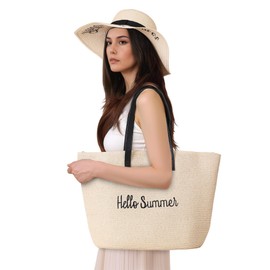 BXOZSAOZ Paper Straw Hat and Bag Set，Beach Vacation Essentials，Vacation Hats for Women，Straw Beach hat (US, Alpha, One Size, Beige)