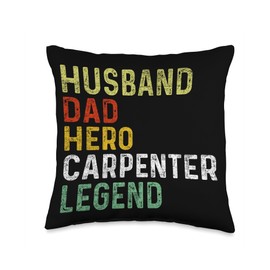 Retro Carpenter Fathers Day Gifts Husband Dad Hero Legend Retro Carpenter Throw Pillow, 16x16, Multicolor
