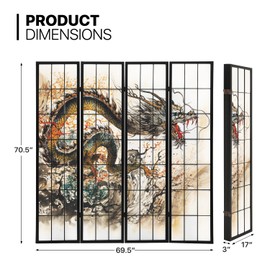 MoNiBloom 4-Panel Shoji Screen Room Divider, 5.9 ft Wood Dragon Pattern Room Dividers and Folding Privacy Screens, Asian Room Separators Divider Wall, Portable Home Dorm Office Wall Separator