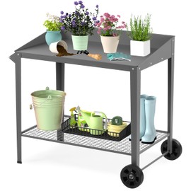 Outdoor Metal Potting Bench with Wheels, Heavy Duty Garden Workbench Table with Storage Shelf (Dark Gray, 36"x38.8")