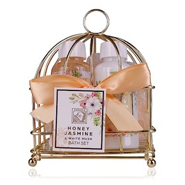 Set regalo Accentra HONEY JASMINE per donna in cestino di metallo, set di 3 prodotti per la cura del corpo con gel doccia, lozione per il corpo e spugna da bagno, regalo benessere per il compleanno