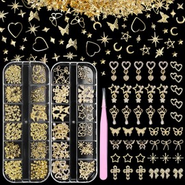 Anower 300 Pcs Gold Nail Charms, Dangle Stars Heart Nail Gems, Butterfly Bows Cross Stars Metal Nail Gold Charms, Multi Shapes Golden Nails Art Studs, Golden Charm for Nails DIY Y2K Decor