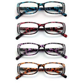 V.W.E. 4 Pairs of Women Rectangular Rhinestones Effect Reading Glasses - Fashion Leopard Clear Lens Readers Demi Tortoise (4 Assorted, 5.00, multiplier_x)