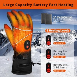 Heated Gloves, 5V 5000mAh*2 Rechargeable Heated Gloves for Men Women, Waterproof Non-Slip Electric Heating Ski Gloves with Touchscreen,3 Levels for Cold Weather Motorcycle Skiing Hiking