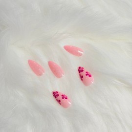 Girl pink cherry blossom Almond Press-on nails 24pcs 12size Glossy Floral flase Nails