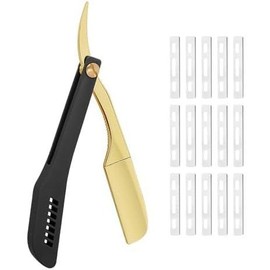 Professional Straight Razors for Men with 15 Replaceable Blades, Stainless Steel Barber Straight Edge Razor, Shaver Razor for Home Salon Grooming Using (Gold-Black) - Color: Gold-Black