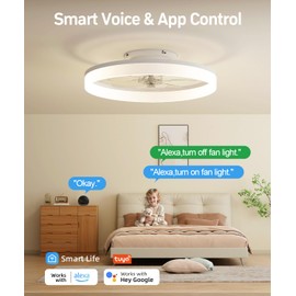 AQUBT Smart Ceiling Fans with Light and Remote,20'' Low Profile Ceiling Fan with 6-Speed & Dimmable LED, Alexa/APP Home Voice Control, App, Reversible Airflow, App Timer, for Beedroom（White）