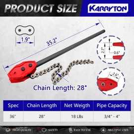 KARRYTON 36" Chain Pipe Wrench, Fits 3/4"-4" Pipe Diameters, 28" Chain Length Max Breaking Load 18000LBs, Heavy Duty Chain Tongs for Pipe Installation, Oil Fields Operations and Maintenance