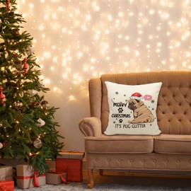Mancheng-zi Pug Christmas Pillow Covers 18x18,Pug Christmas Decorations,Pug Pillow,Pug Decor,Merry Christmas It's Pug Glitter Decorative Throw Pillow Covers,Pug Gifts for Pug Lovers,Pug Gifts