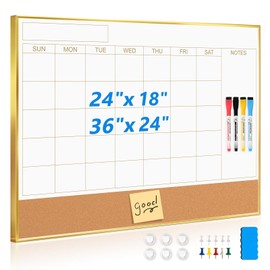QUEENLINK Magnetic Dry Erase Calendar Board for Wall - 36'' x 24'' Monthly Calendar Whiteboard with Cork Board - Gold Aluminum Frame