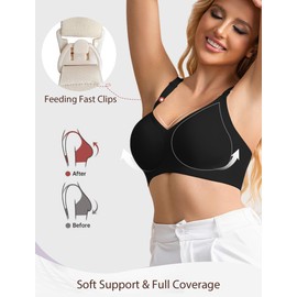 Easybunny Nursing Bras for Breastfeeding Wireless Maternity Bra Pregnancy Seamless Supportive Bralette with Extra Extender Black Grey L