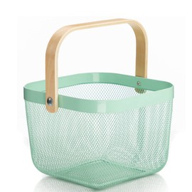 Ymeibe Mesh Steel Storage Organizer Basket Fruit Basket Bin with Wood Handle Ideal for Kitchen Bathroom Picnic Pantry Cabinets Storage Home Decor (Nebula Green)