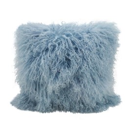 SARO LIFESTYLE 100% Wool Mongolian Lamb Fur Throw Pillow with Poly Filling, 16", Ice Blue