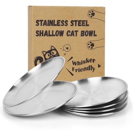 Petdream 6-Pack Stainless Steel Cat Food Bowls, Shallow Whisker-Friendly Non-Slip Silicone Base Metal Dishes, Easy to Clean Indoor Feeding Flat Plates for Cat, Kitten, Small Dog (6.7")