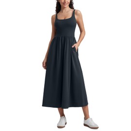 CRZ YOGA Maxi Square Neck Tank Dress for Women Summer Casual Travel Padded Sleeveless Flowy Outfits with Side Pockets Black Medium