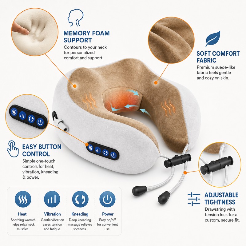 Rechargeable U-Shaped Neck Massager with Heat – 3D Kneading, Vibration
